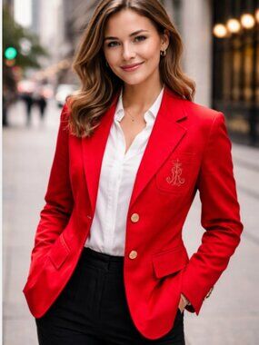 Lauren Ralph Lauren Blazer Size 10 Red Jacquard  Bullion Logo Academia EUC